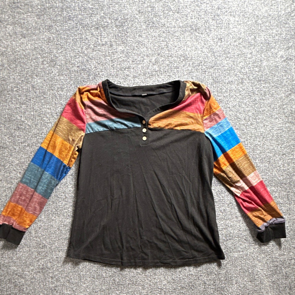 Womens L Black Multicolor Colorblock Knit Henley Long Sleeve Button Top